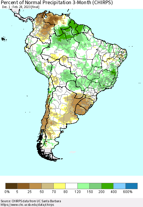 South America Percent of Normal Precipitation 3-Month (CHIRPS) Thematic Map For 12/1/2022 - 2/28/2023