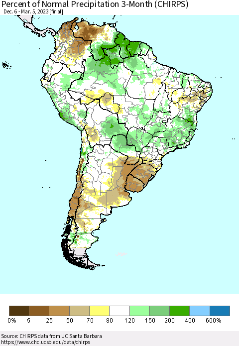 South America Percent of Normal Precipitation 3-Month (CHIRPS) Thematic Map For 12/6/2022 - 3/5/2023