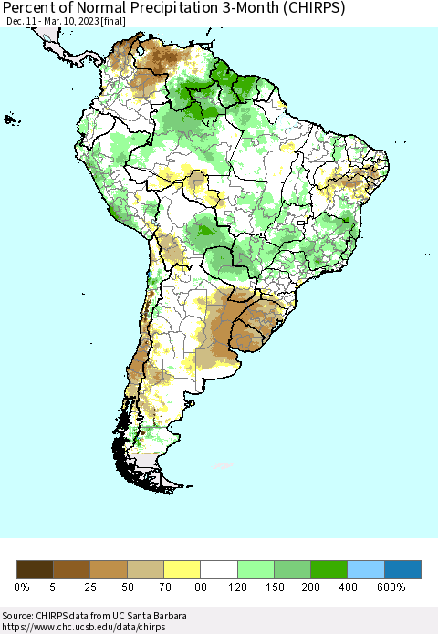 South America Percent of Normal Precipitation 3-Month (CHIRPS) Thematic Map For 12/11/2022 - 3/10/2023