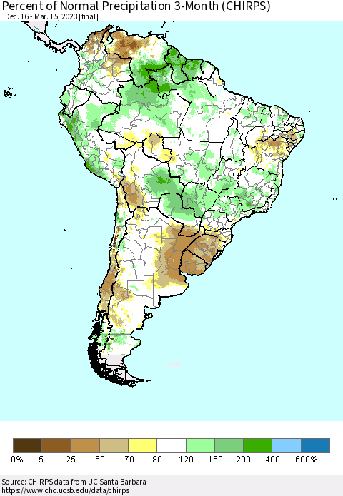 South America Percent of Normal Precipitation 3-Month (CHIRPS) Thematic Map For 12/16/2022 - 3/15/2023
