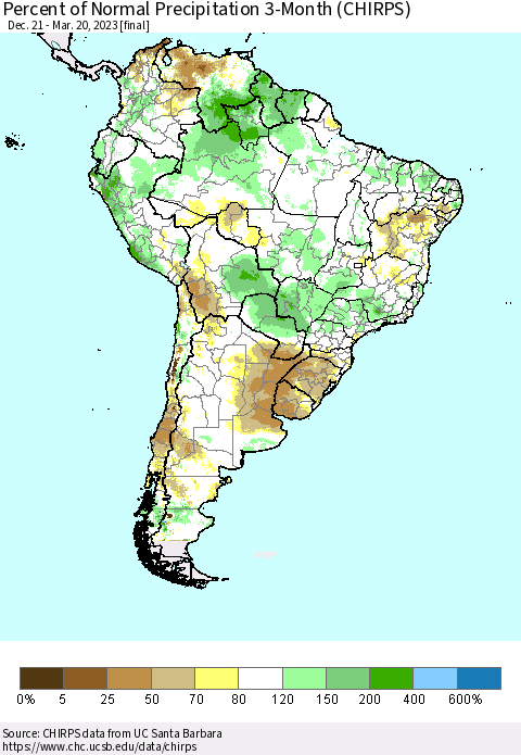 South America Percent of Normal Precipitation 3-Month (CHIRPS) Thematic Map For 12/21/2022 - 3/20/2023