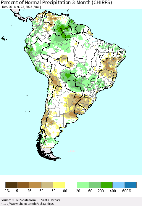 South America Percent of Normal Precipitation 3-Month (CHIRPS) Thematic Map For 12/26/2022 - 3/25/2023