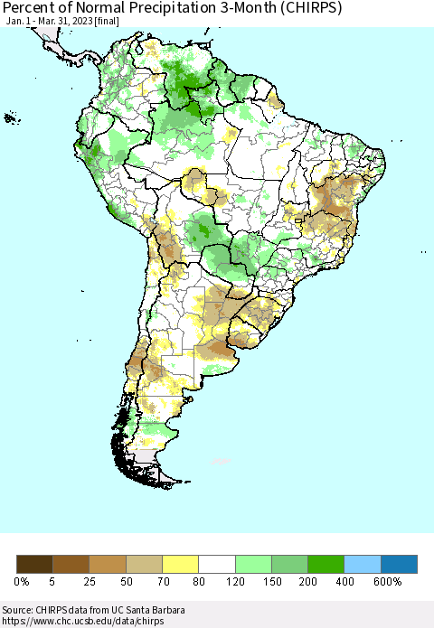 South America Percent of Normal Precipitation 3-Month (CHIRPS) Thematic Map For 1/1/2023 - 3/31/2023