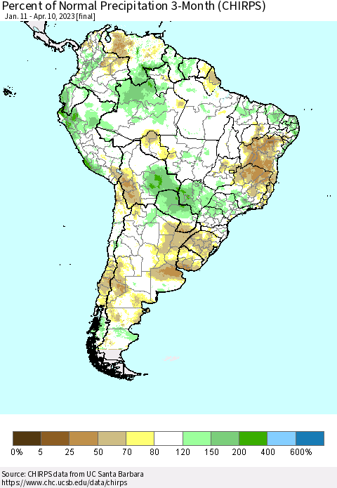 South America Percent of Normal Precipitation 3-Month (CHIRPS) Thematic Map For 1/11/2023 - 4/10/2023