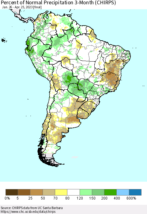 South America Percent of Normal Precipitation 3-Month (CHIRPS) Thematic Map For 1/26/2023 - 4/25/2023