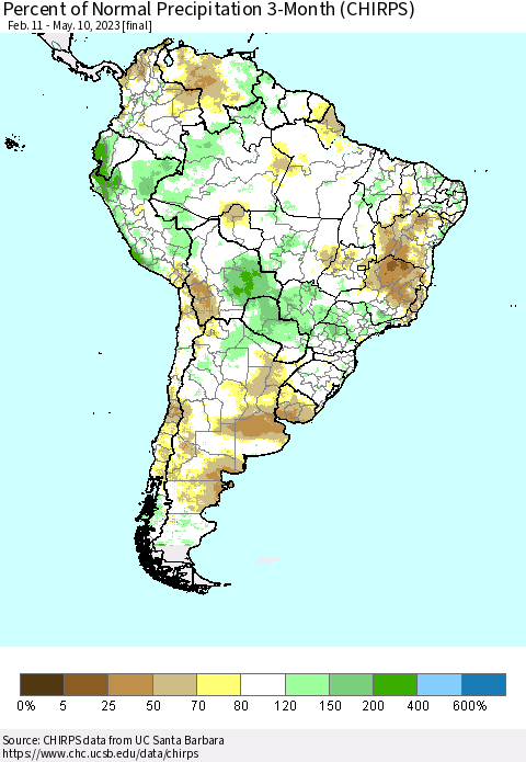South America Percent of Normal Precipitation 3-Month (CHIRPS) Thematic Map For 2/11/2023 - 5/10/2023