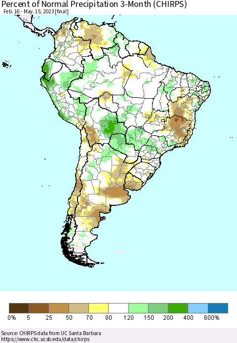 South America Percent of Normal Precipitation 3-Month (CHIRPS) Thematic Map For 2/16/2023 - 5/15/2023