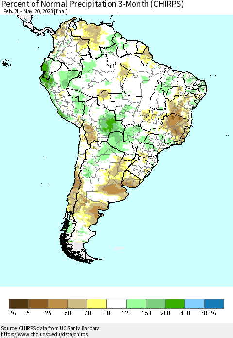 South America Percent of Normal Precipitation 3-Month (CHIRPS) Thematic Map For 2/21/2023 - 5/20/2023