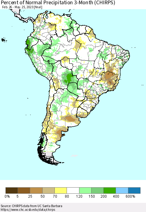South America Percent of Normal Precipitation 3-Month (CHIRPS) Thematic Map For 2/26/2023 - 5/25/2023