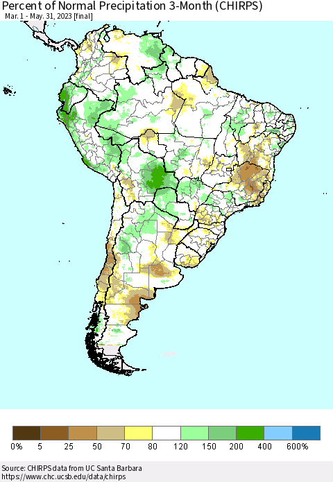 South America Percent of Normal Precipitation 3-Month (CHIRPS) Thematic Map For 3/1/2023 - 5/31/2023