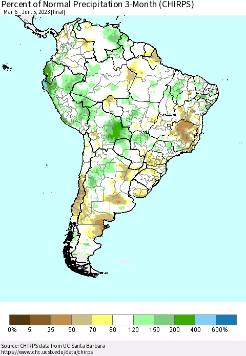 South America Percent of Normal Precipitation 3-Month (CHIRPS) Thematic Map For 3/6/2023 - 6/5/2023