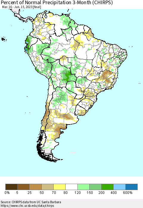 South America Percent of Normal Precipitation 3-Month (CHIRPS) Thematic Map For 3/16/2023 - 6/15/2023