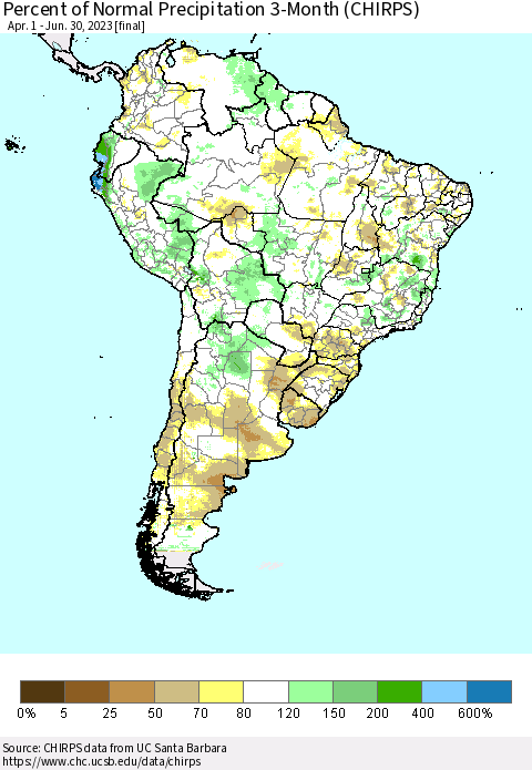 South America Percent of Normal Precipitation 3-Month (CHIRPS) Thematic Map For 4/1/2023 - 6/30/2023