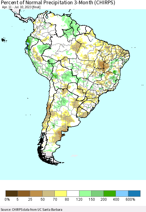 South America Percent of Normal Precipitation 3-Month (CHIRPS) Thematic Map For 4/11/2023 - 7/10/2023