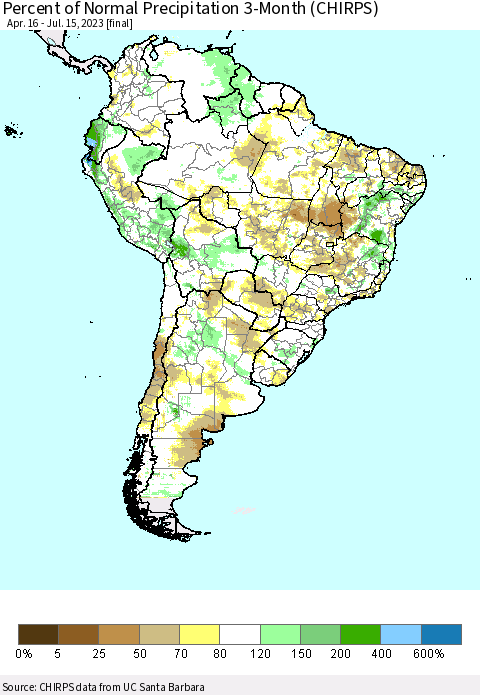 South America Percent of Normal Precipitation 3-Month (CHIRPS) Thematic Map For 4/16/2023 - 7/15/2023