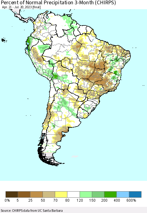 South America Percent of Normal Precipitation 3-Month (CHIRPS) Thematic Map For 4/21/2023 - 7/20/2023