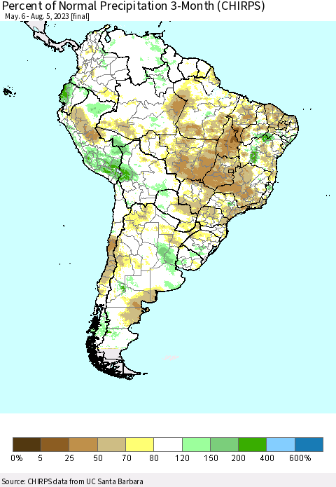 South America Percent of Normal Precipitation 3-Month (CHIRPS) Thematic Map For 5/6/2023 - 8/5/2023