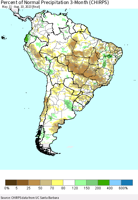 South America Percent of Normal Precipitation 3-Month (CHIRPS) Thematic Map For 5/11/2023 - 8/10/2023
