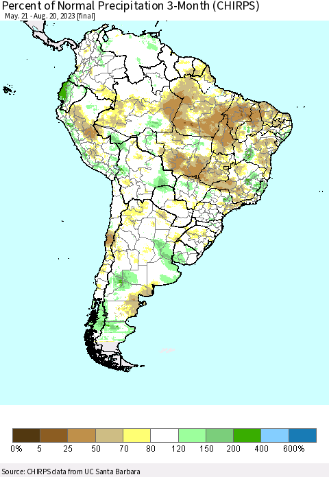 South America Percent of Normal Precipitation 3-Month (CHIRPS) Thematic Map For 5/21/2023 - 8/20/2023