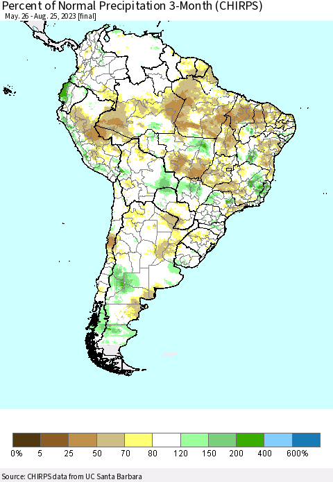 South America Percent of Normal Precipitation 3-Month (CHIRPS) Thematic Map For 5/26/2023 - 8/25/2023