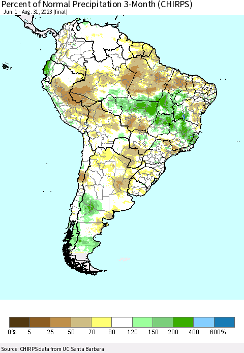South America Percent of Normal Precipitation 3-Month (CHIRPS) Thematic Map For 6/1/2023 - 8/31/2023