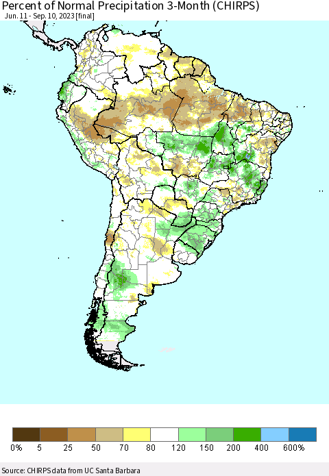 South America Percent of Normal Precipitation 3-Month (CHIRPS) Thematic Map For 6/11/2023 - 9/10/2023