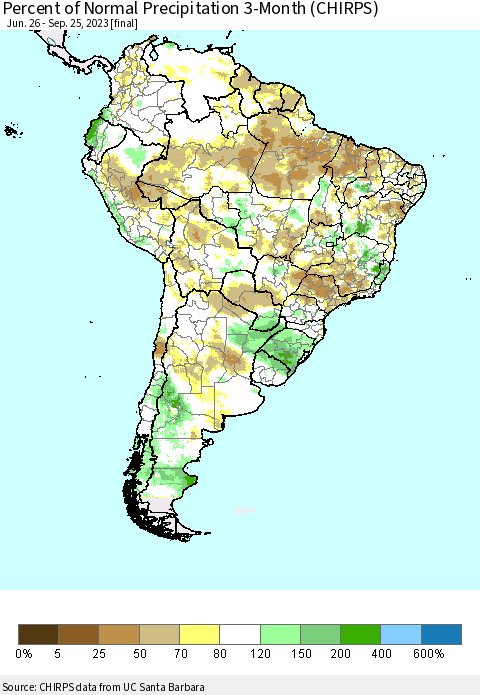 South America Percent of Normal Precipitation 3-Month (CHIRPS) Thematic Map For 6/26/2023 - 9/25/2023