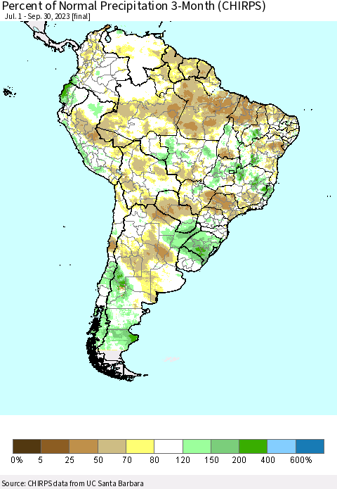 South America Percent of Normal Precipitation 3-Month (CHIRPS) Thematic Map For 7/1/2023 - 9/30/2023