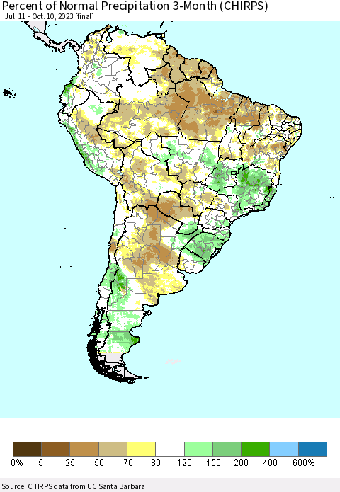 South America Percent of Normal Precipitation 3-Month (CHIRPS) Thematic Map For 7/11/2023 - 10/10/2023