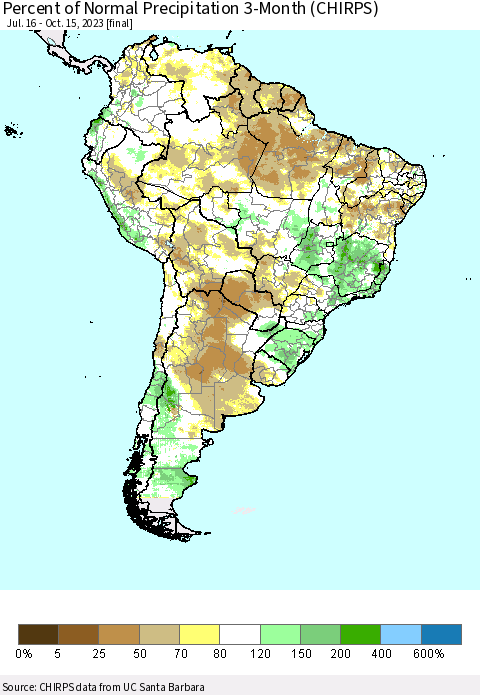 South America Percent of Normal Precipitation 3-Month (CHIRPS) Thematic Map For 7/16/2023 - 10/15/2023