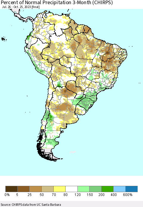 South America Percent of Normal Precipitation 3-Month (CHIRPS) Thematic Map For 7/26/2023 - 10/25/2023