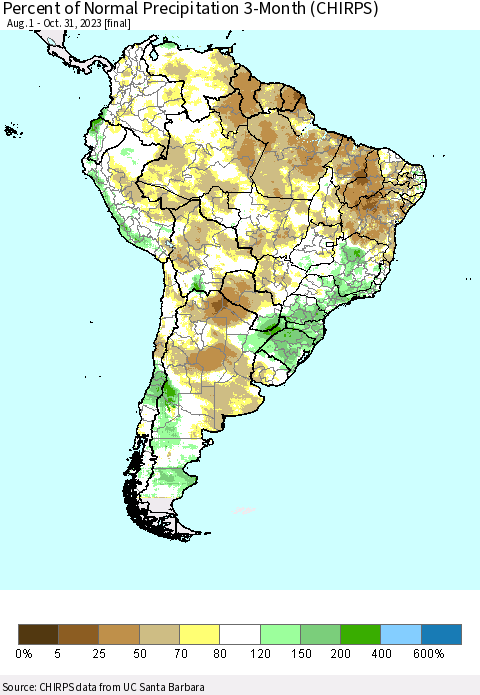 South America Percent of Normal Precipitation 3-Month (CHIRPS) Thematic Map For 8/1/2023 - 10/31/2023