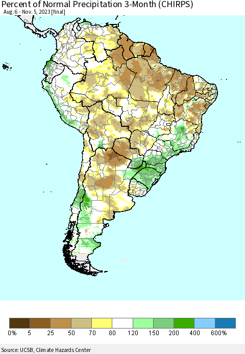 South America Percent of Normal Precipitation 3-Month (CHIRPS) Thematic Map For 8/6/2023 - 11/5/2023