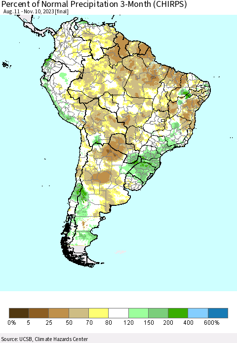 South America Percent of Normal Precipitation 3-Month (CHIRPS) Thematic Map For 8/11/2023 - 11/10/2023