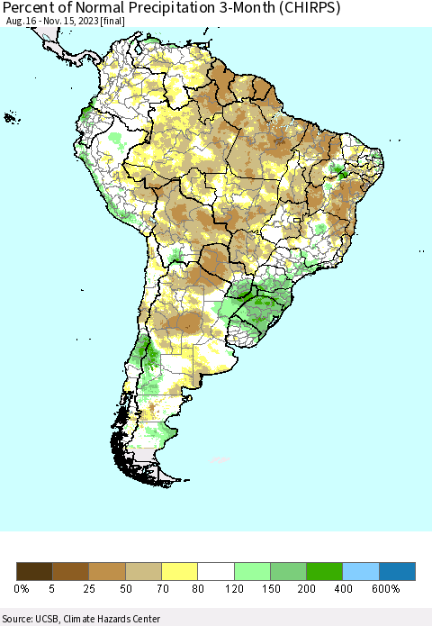 South America Percent of Normal Precipitation 3-Month (CHIRPS) Thematic Map For 8/16/2023 - 11/15/2023