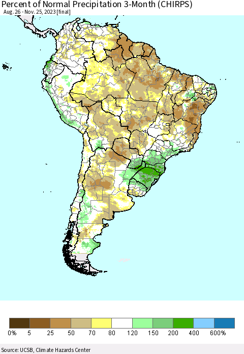 South America Percent of Normal Precipitation 3-Month (CHIRPS) Thematic Map For 8/26/2023 - 11/25/2023