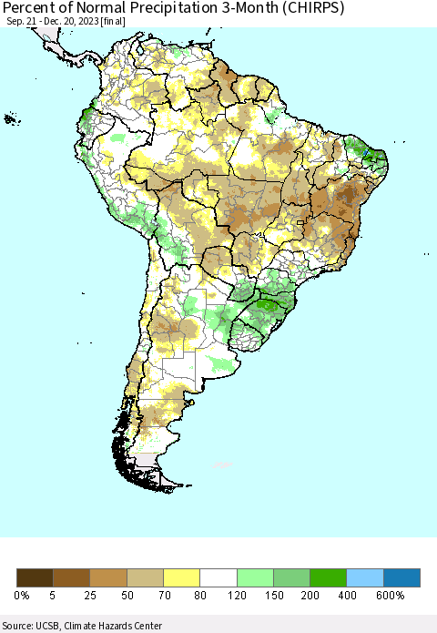 South America Percent of Normal Precipitation 3-Month (CHIRPS) Thematic Map For 9/21/2023 - 12/20/2023