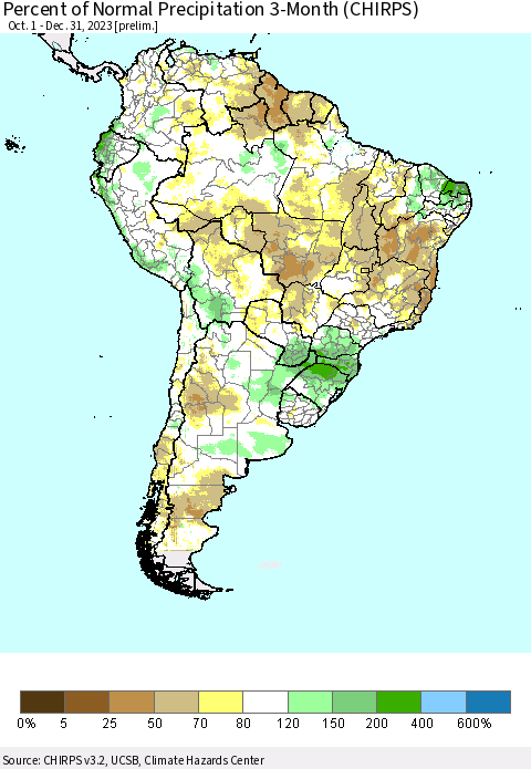 South America Percent of Normal Precipitation 3-Month (CHIRPS) Thematic Map For 10/1/2023 - 12/31/2023