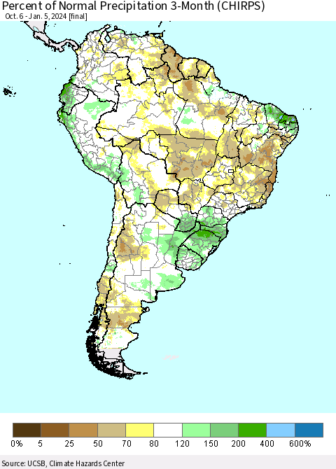 South America Percent of Normal Precipitation 3-Month (CHIRPS) Thematic Map For 10/6/2023 - 1/5/2024