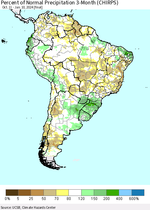 South America Percent of Normal Precipitation 3-Month (CHIRPS) Thematic Map For 10/11/2023 - 1/10/2024