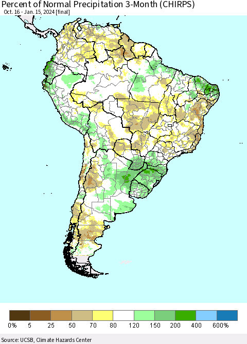 South America Percent of Normal Precipitation 3-Month (CHIRPS) Thematic Map For 10/16/2023 - 1/15/2024