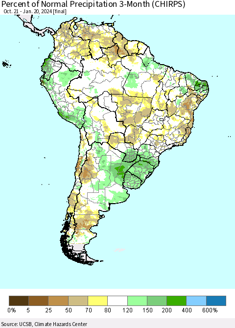 South America Percent of Normal Precipitation 3-Month (CHIRPS) Thematic Map For 10/21/2023 - 1/20/2024