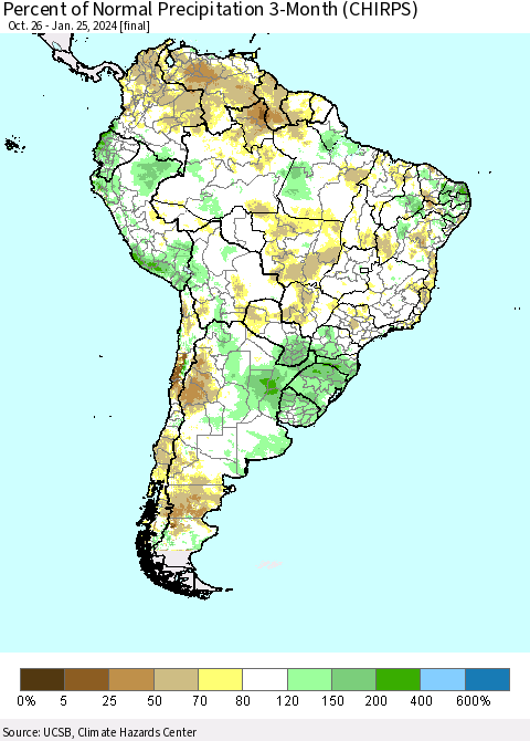 South America Percent of Normal Precipitation 3-Month (CHIRPS) Thematic Map For 10/26/2023 - 1/25/2024