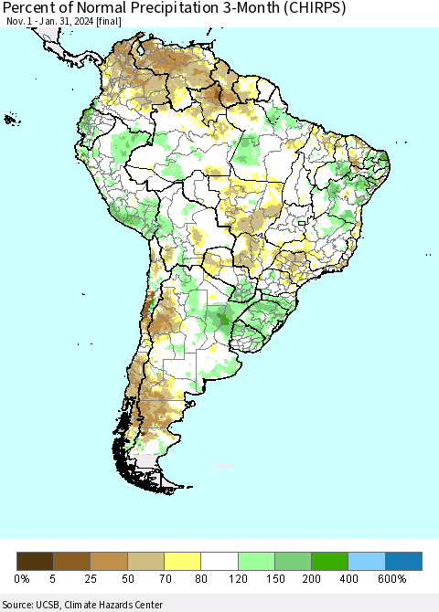 South America Percent of Normal Precipitation 3-Month (CHIRPS) Thematic Map For 11/1/2023 - 1/31/2024