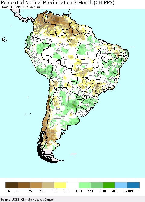 South America Percent of Normal Precipitation 3-Month (CHIRPS) Thematic Map For 11/11/2023 - 2/10/2024
