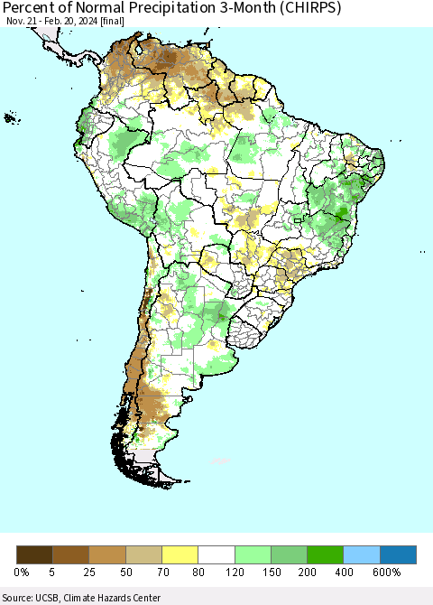South America Percent of Normal Precipitation 3-Month (CHIRPS) Thematic Map For 11/21/2023 - 2/20/2024