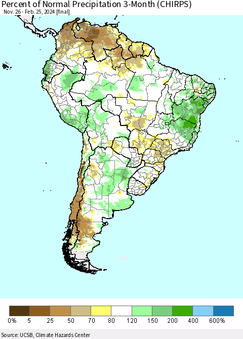 South America Percent of Normal Precipitation 3-Month (CHIRPS) Thematic Map For 11/26/2023 - 2/25/2024