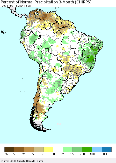 South America Percent of Normal Precipitation 3-Month (CHIRPS) Thematic Map For 12/6/2023 - 3/5/2024