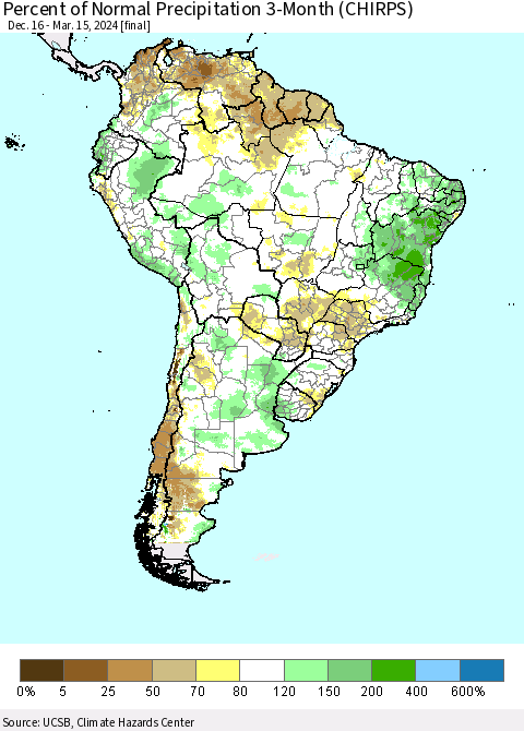 South America Percent of Normal Precipitation 3-Month (CHIRPS) Thematic Map For 12/16/2023 - 3/15/2024