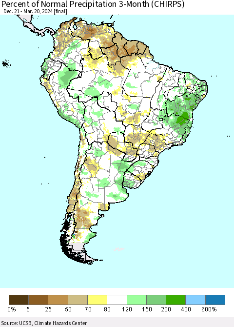 South America Percent of Normal Precipitation 3-Month (CHIRPS) Thematic Map For 12/21/2023 - 3/20/2024